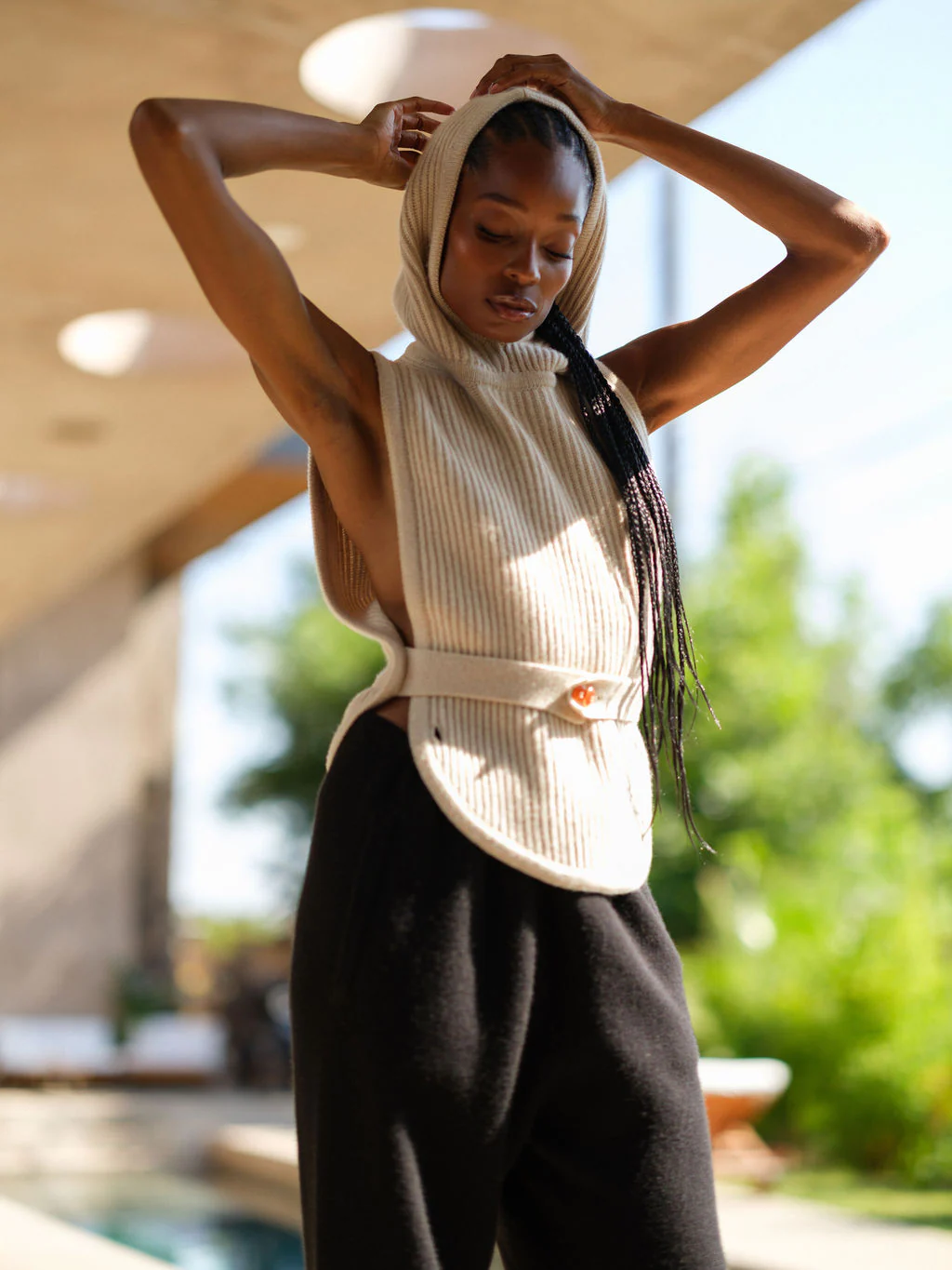 Taupe Melange Cashmere Sleeveless Hoodie - Image 4