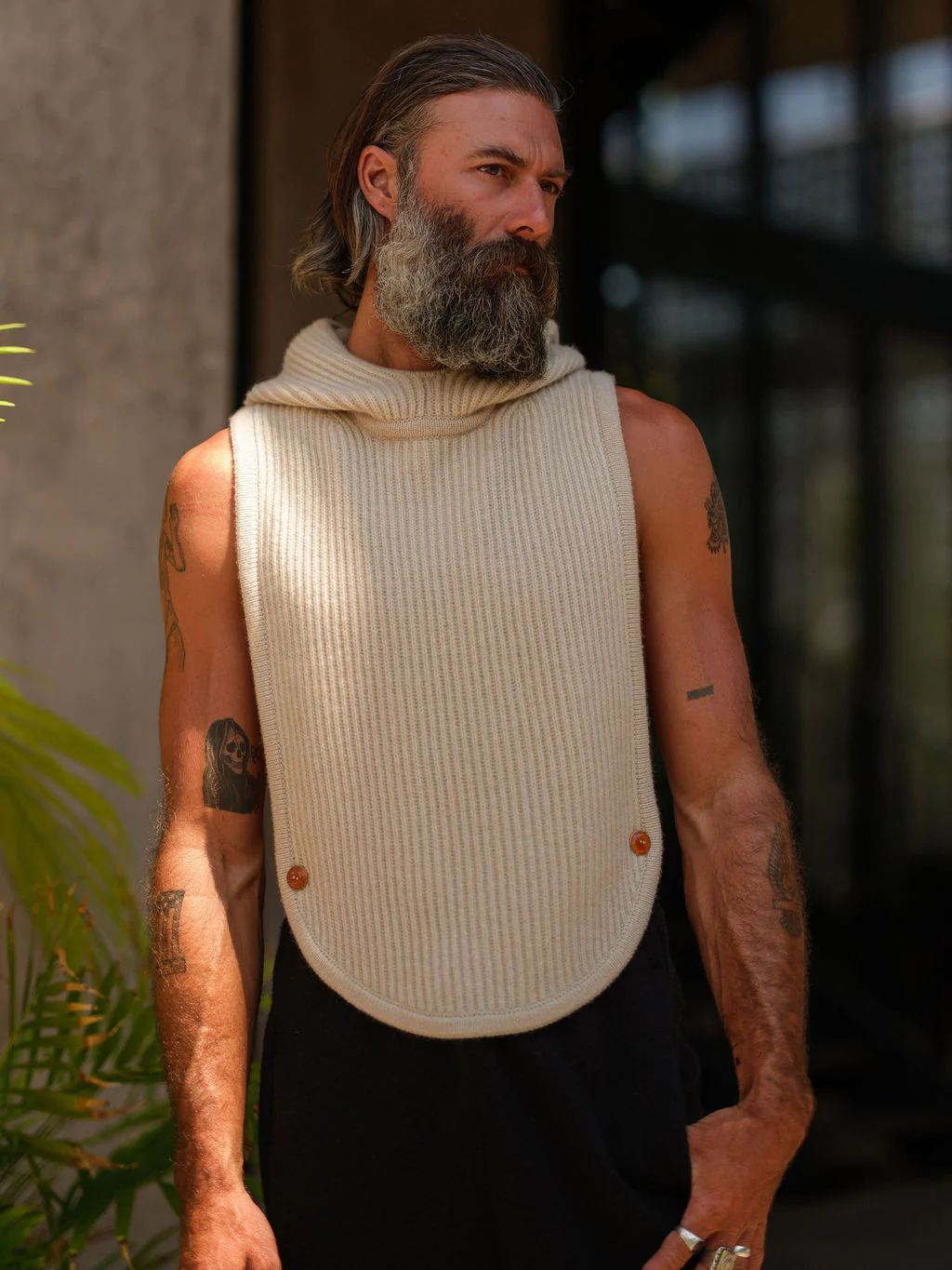 Taupe Melange Cashmere Sleeveless Hoodie - Image 6